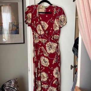 Loco Lindo Deep red cowboy novelty print 1950s style wrap dress in rayon